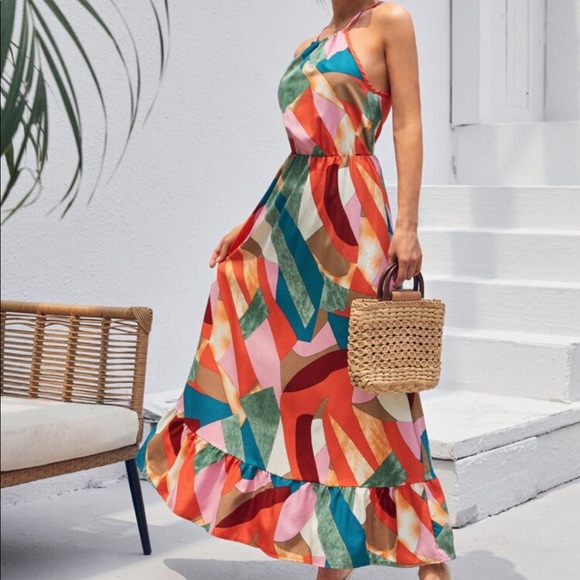 Boho Geo Abstract PatchWork Print Halter Ruffle Maxi Dress - Picture 2 of 4